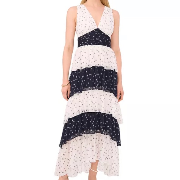 1.state Womens Colorblocked Tiered Maxi Dress New Ivory Dark Indigo Size 10 NWT - Picture 1 of 17